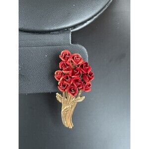 Vintage Dozen Red Roses Brooch Pin Signed W